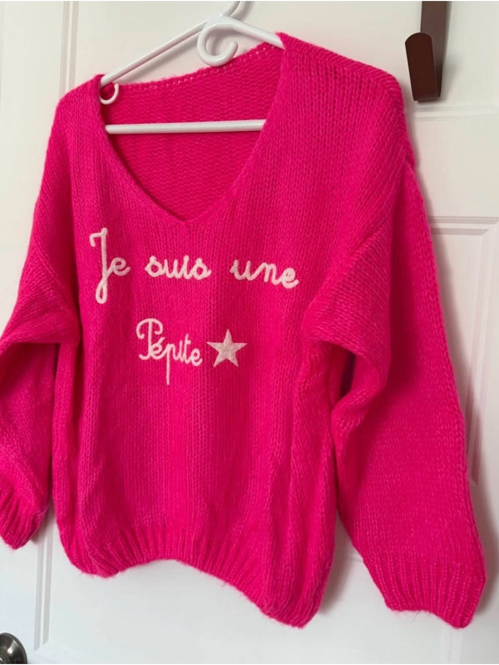 Hot Pink V-Neck Women's Sweater with Script Detail